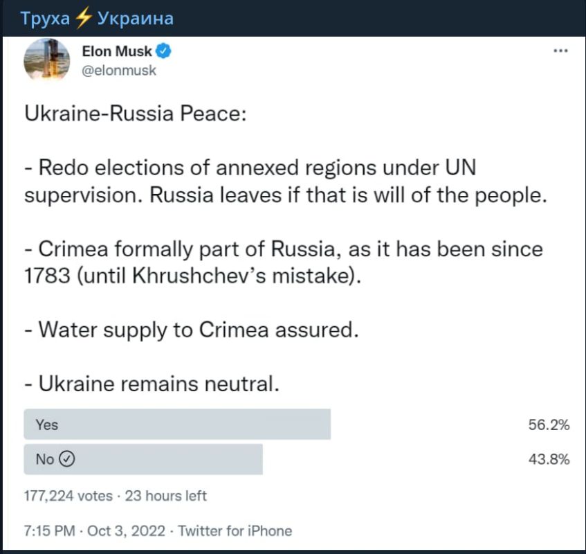 Михаил Ходарёнок: Украинские пользователи Twitter ополчились на Илона Маска за то, что тот предложил свой план по завершению конфликта на Украине