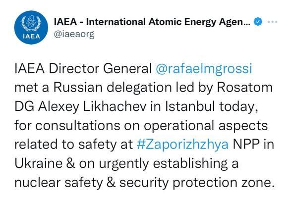Гендиректор МАГАТЭ Рафаэль Гросси провел переговоры о создании защитной зоны вокруг Запорожской АЭС с главой «Росатома» Алексеем Лихачевым в Стамбуле