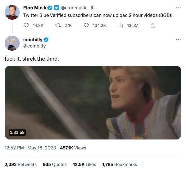 Илон Маск объявил, что подписчики Twitter Blue могут загружать двухчасовые видео