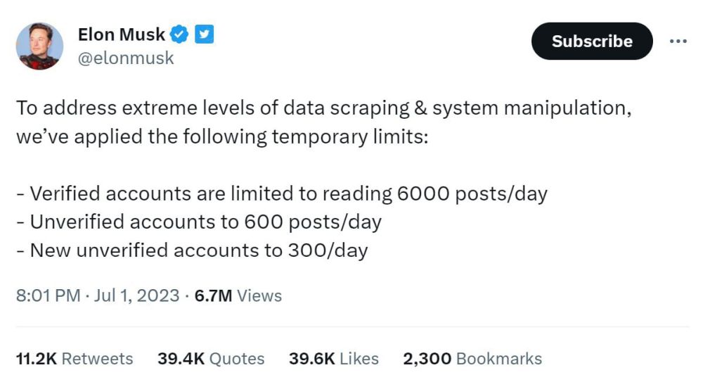 Илон Маск сошел с ума: владелец Twitter ввел в соцсети ограничение на количество твитов, которые пользователь может увидеть за сутки
