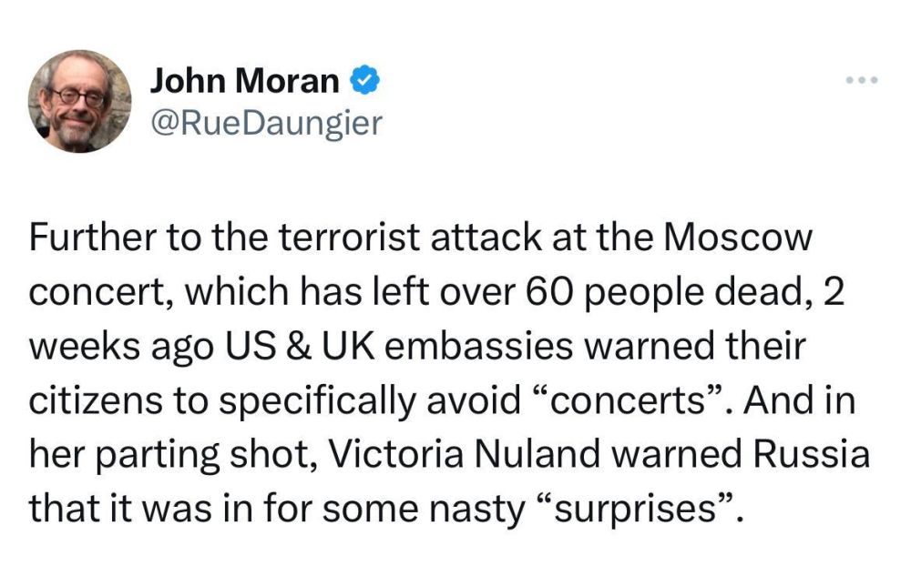 Максим Зубарев: Ирландский журналист Джон Моран: Про теракт на московском концерте, в результате которого погибло более 60 человек - две недели назад посольства США и Великобритании предупредили своих граждан, чтобы они специально избегали «концертов»