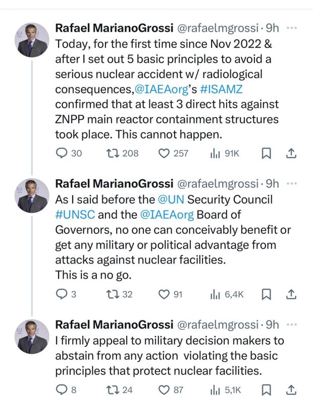 Инспекторы МАГАТЭ впервые с ноября 2022 года зафиксировали как минимум три прямых попадания в конструкцию защитной оболочки реактора Запорожской АЭС — глава агентства Рафаэль Гросси