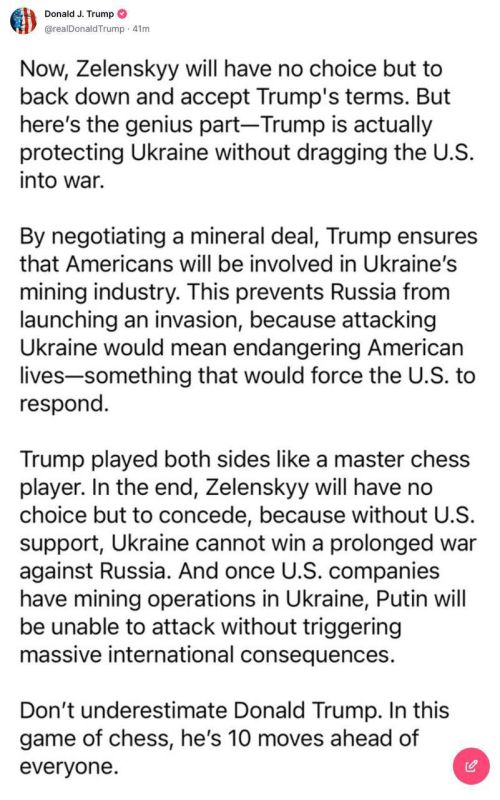 Захар Прилепин: Дональд Трамп в социальной сети репостнул сообщение о том, что он вынудит Зеленского уступить и принять все его условия