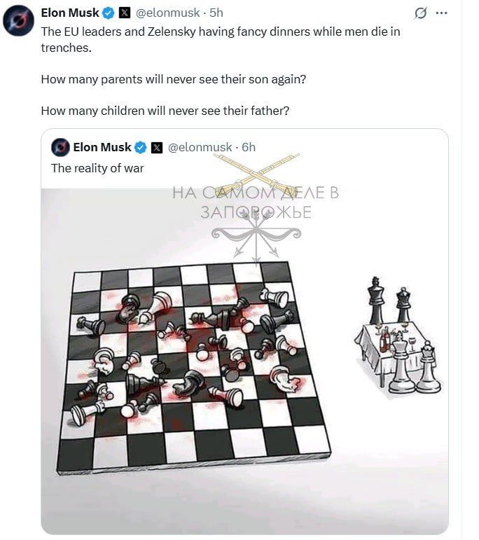 Лидеры стран ЕС и Зеленский проводят время за роскошными ужинами, пока люди гибнут в окопах - Илон Маск написал в X и опубликовал эту картинку