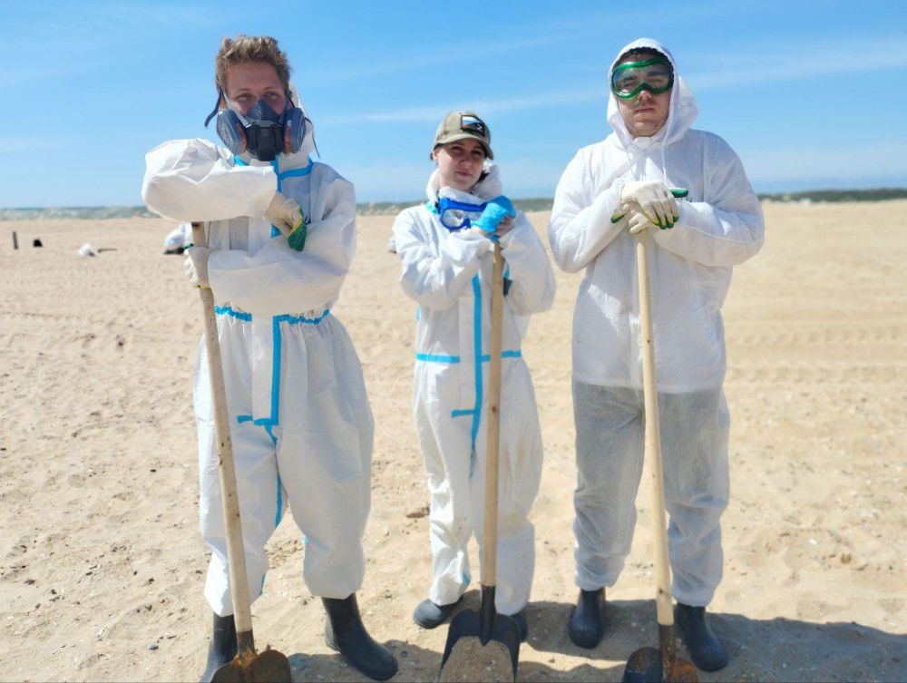 Бердянские волонтеры принимают участие в очистке береговой линии Анапы от мазута