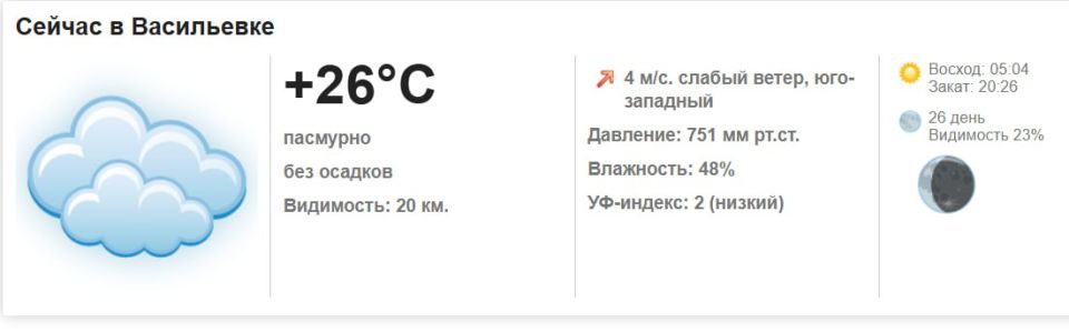Сегодня, 21 июля 2025 года в Васильевке пасмурно, без осадков