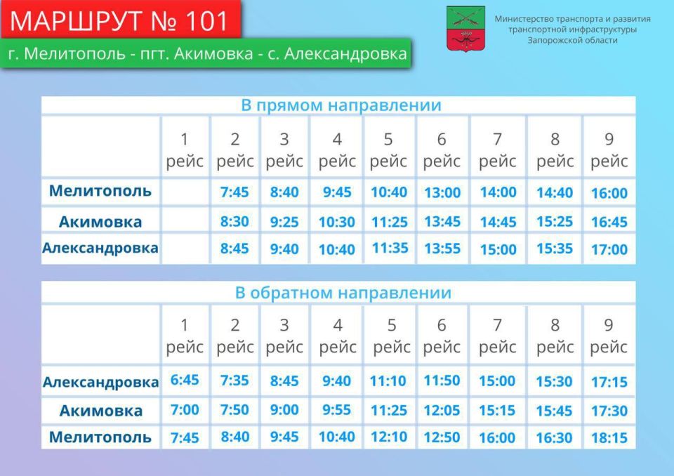 Расписание автобусов «Мелитополь - Акимовка - Александровка» и «Мелитополь - Акимовка - Кирилловка»