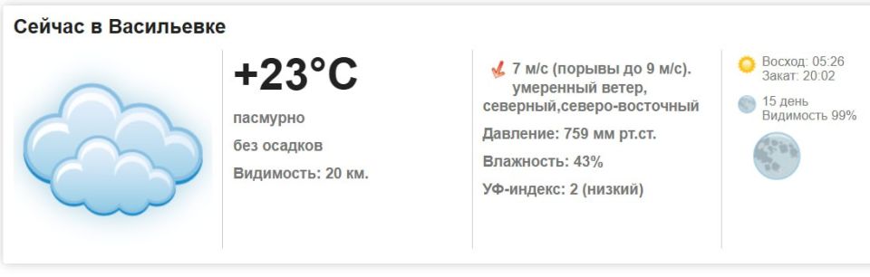 Сегодня, 8 августа 2025 года в Васильевке ожидается переменная облачность, без осадков