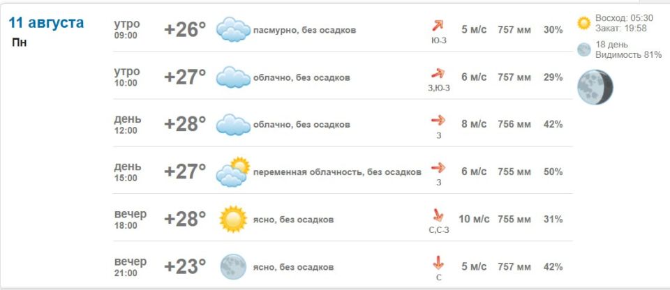 Подробно о погоде в Васильевке 11 августа 2025 года