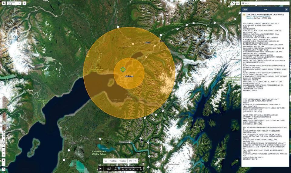 Зона запрета доступа над Анкориджем (Аляска) на время проведения саммита Путин - Трамп с 15 по 16 августа