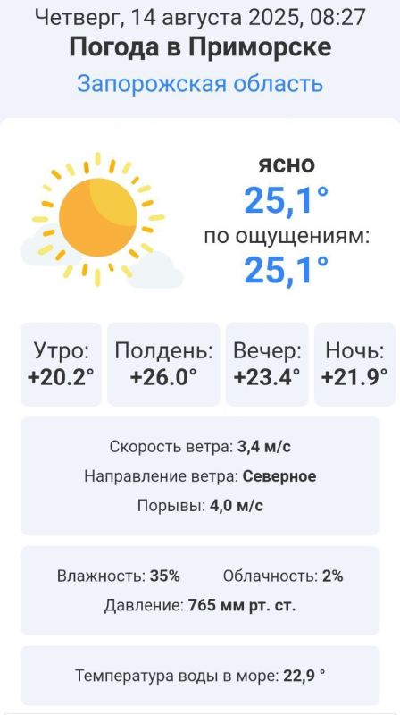 Сегодня в городе Приморске ( Запорожская область ) на протяжении дня наблюдается теплая погода