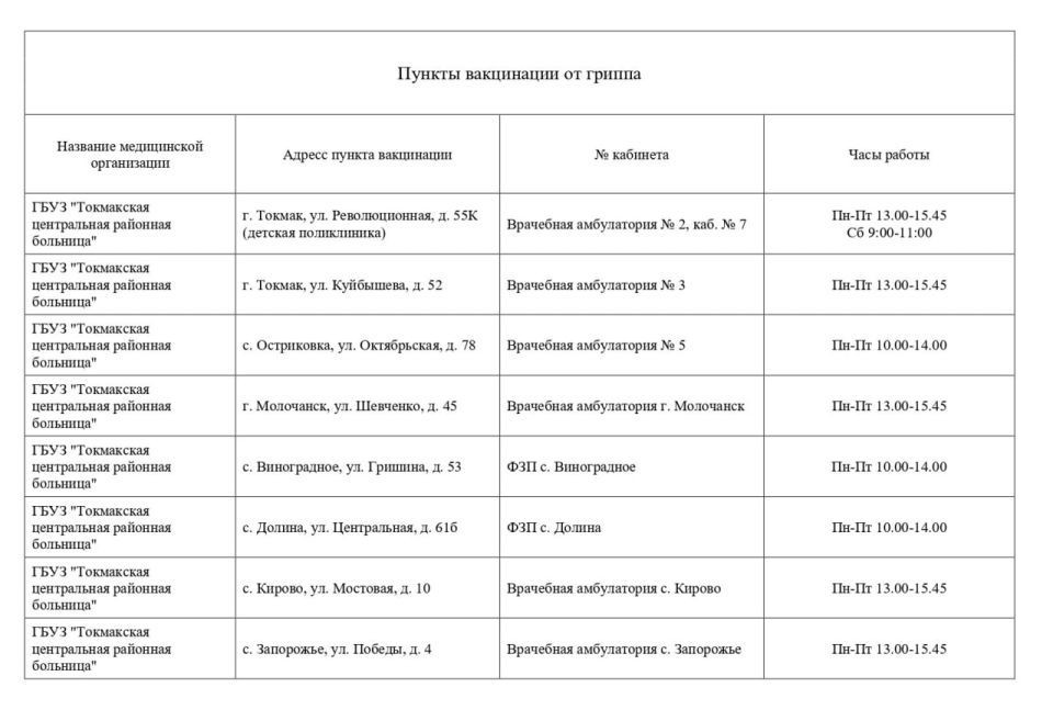 В Токмакском муниципальном округе открыты пункты вакцинации от гриппа
