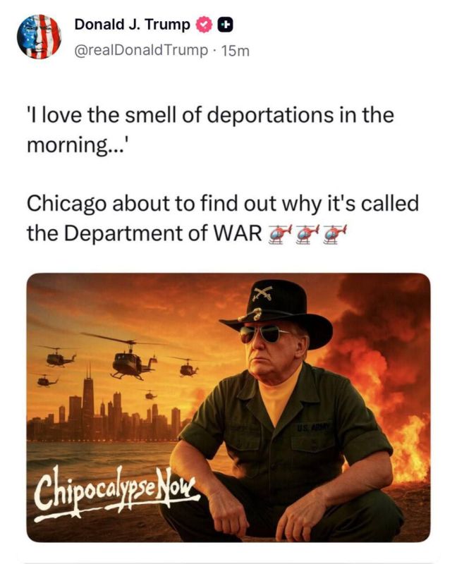 Бульдозер американской политики заявил, что он любит запах депортаций по утрам и выложил коллаж с собой любимым в духе фильма Апокалипсис сейчас