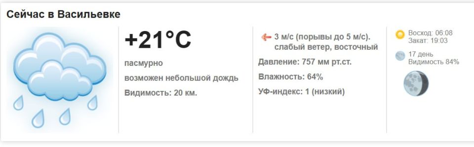 Сегодня, 9 сентября 2025 года в Васильевке пасмурно, возможен небольшой дождь