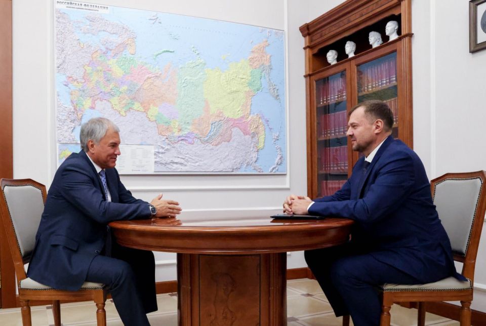 Состоялась рабочая встреча Председателя Государственной Думы Вячеслава Володина с губернатором Запорожской области Евгением Балицким