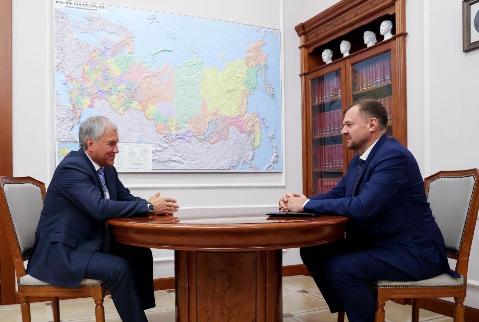 Состоялась рабочая встреча Председателя Государственной Думы Вячеслава Володина с губернатором Запорожской области Евгением Балицким