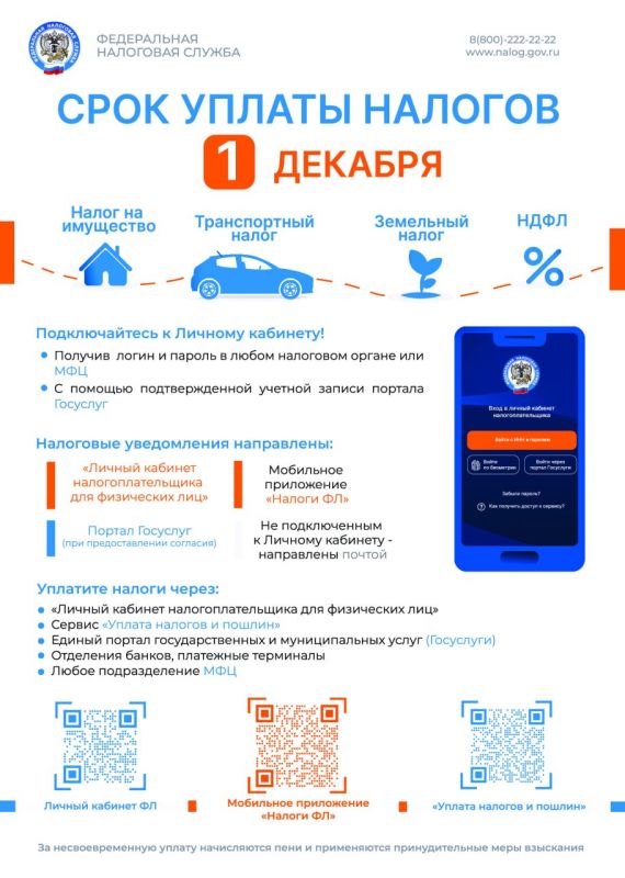 1 декабря 2025 года - срок уплаты гражданами налога на имущество, земельного, транспортного налогов и НДФЛ (не удержанного налоговым агентом) по налоговому уведомлению за 2024 год