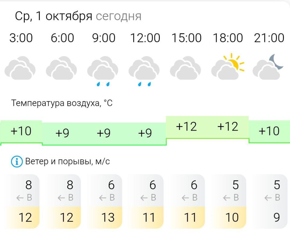 ПРОГНОЗ ПОГОДЫ. В среду, 1 октября в Энергодаре пасмурно, временами дождь
