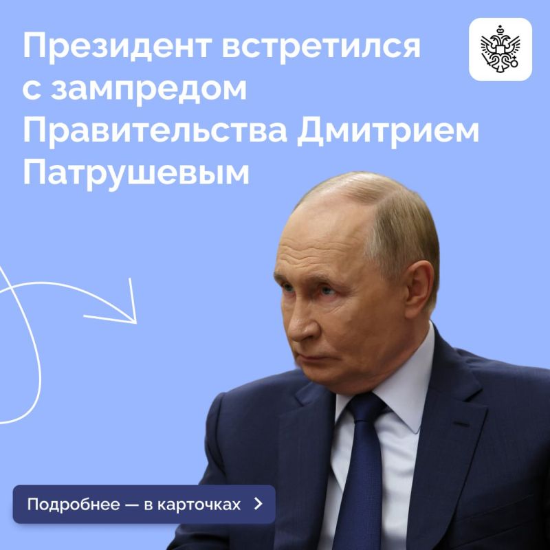 Владимир Путин провел рабочую встречу с Заместителем Председателя Правительства Дмитрием Патрушевым