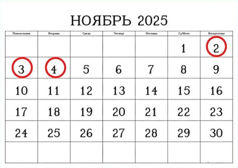 Календарь на ноябрь: 6 рабочих дней и 3 выходных