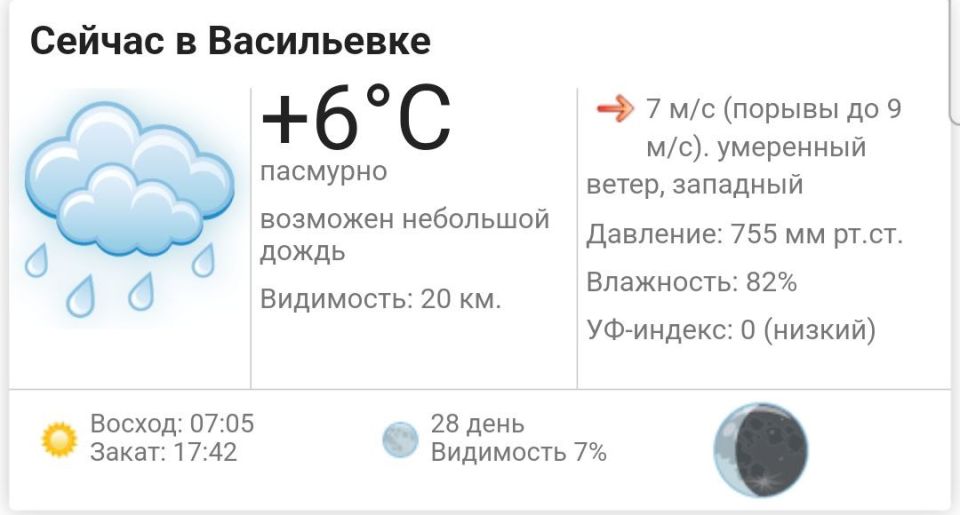 Сегодня, 20 октября 2025 года в Васильевке пасмурно, возможен небольшой дождь