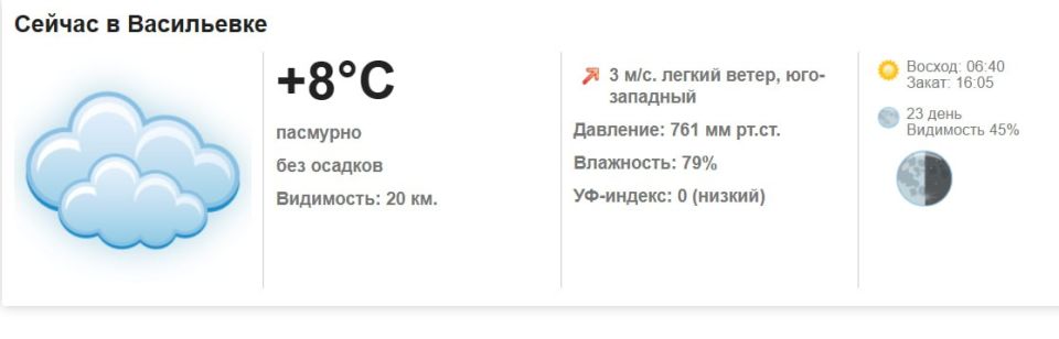 Сегодня, 13 ноября 2025 года в Васильевке пасмурно, без осадков