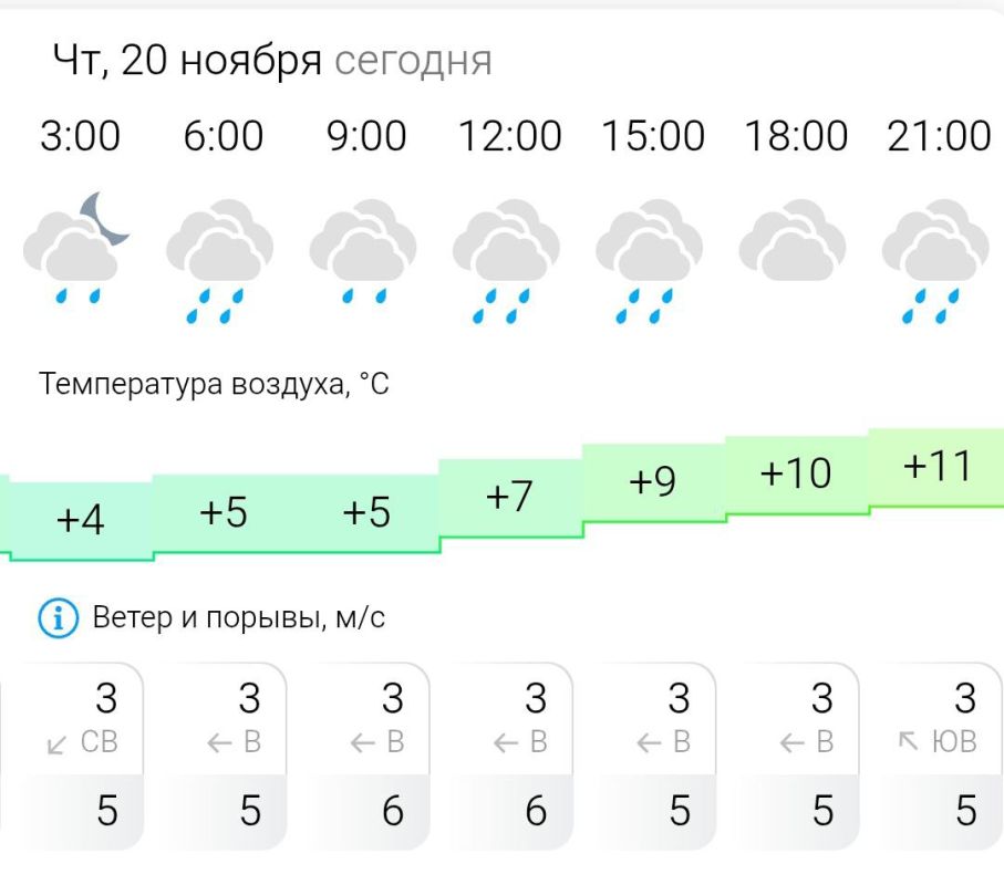 ПРОГНОЗ ПОГОДЫ. В четверг, 20 ноября в Энергодаре пасмурно, дождь