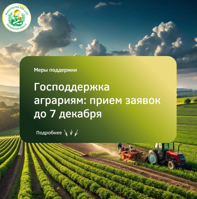 Аграрии, внимание. Министерство АПК и продовольственной политики Запорожской области продолжает приём заявок на субсидии – успейте подать до 7 декабря! Поддержка на проведение агротехнологических работ