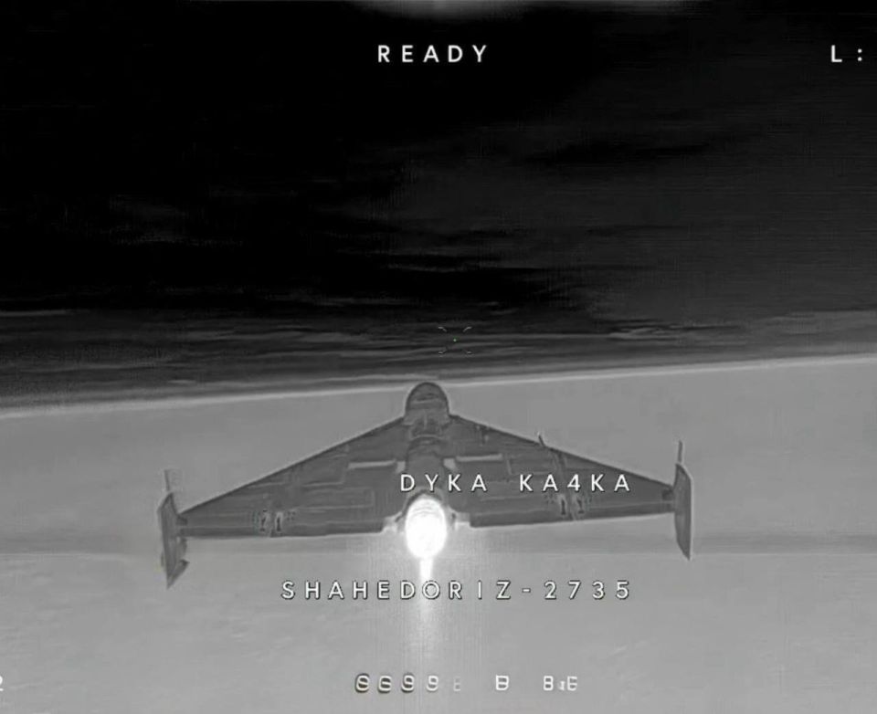 Реактивный бпла-камикадзе «Герань-3» в объективе FPV-дрона перехватчика ”Sting” ВСУ