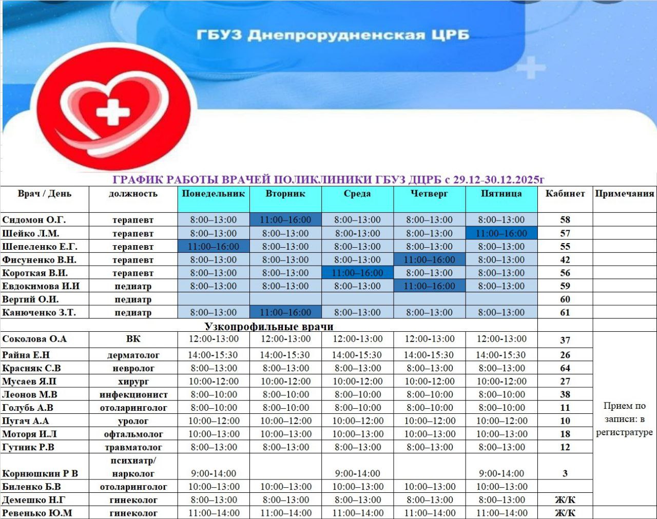 В новом году врачи поликлиники Днепрорудненской ЦРБ вернутся к работе 12 января 2026 года