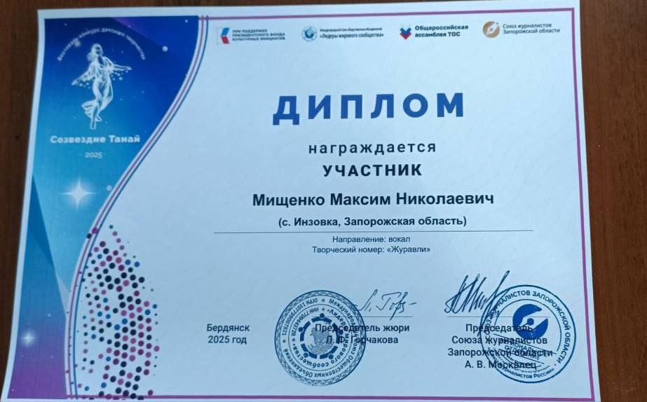 Талантливый вокалист Инзовского сельского клуба Максим Мищенко принял активное участие в областном конкурсе военно-патриотической песни "О Родине, о доблести, о славе..." и в первом областном детском фестивале-конкурсе...