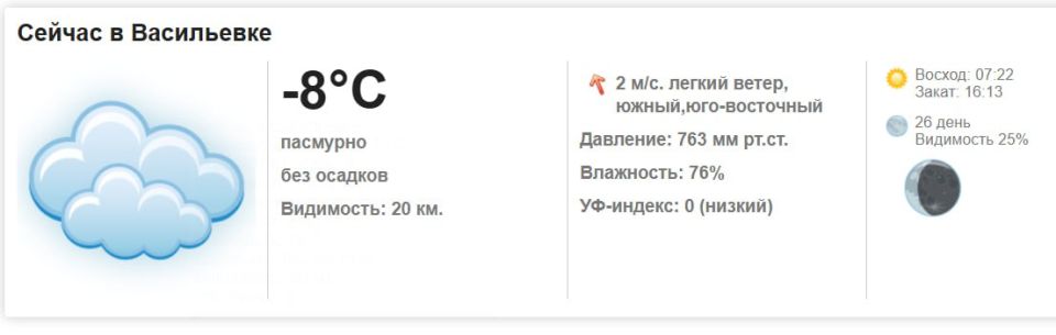 Сегодня, 14 января 2026 года в Васильевке пасмурно, без осадков