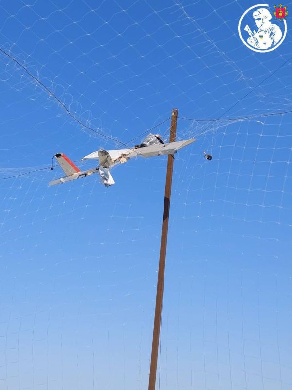 Дрон-камикадзе «Молния-2», запутавшийся в сетях антидронового коридора в Запорожской области