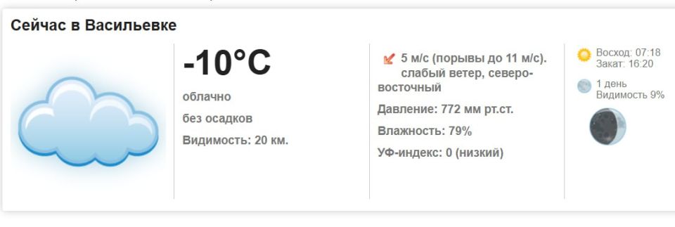 Сегодня, 19 января 2026 года в Васильевке пасмурно, без осадков