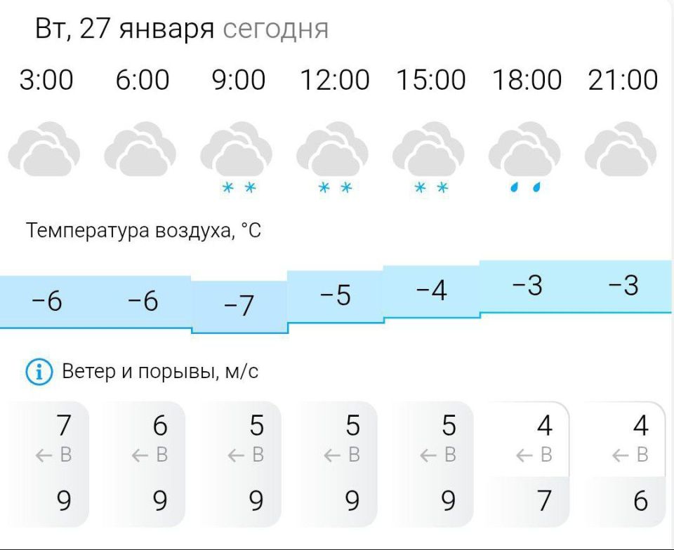 ПРОГНОЗ ПОГОДЫ. Во вторник, 27 января в Энергодаре пасмурно, днём снег