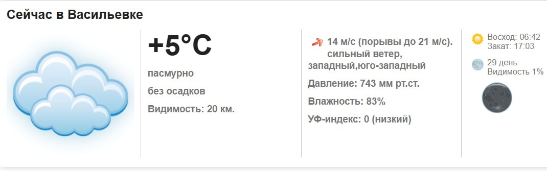 Сегодня, 16 февраля 2026 года в Васильевке пасмурно, без осадков
