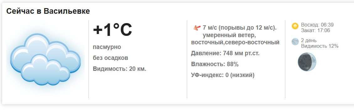 Сегодня, 18 февраля 2026 года в Васильевке пасмурно, без осадков