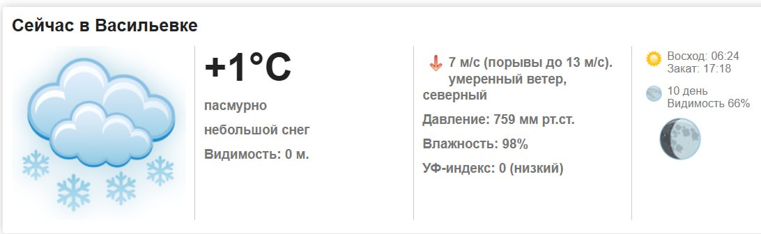 Сегодня, 26 февраля 2026 года в Васильевке пасмурно, небольшой снег