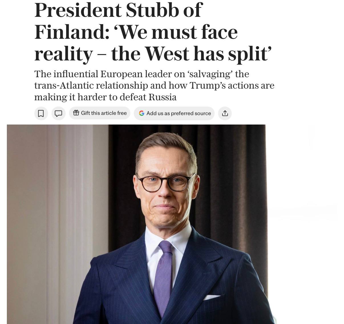 Президент Финляндии заявил, что Запад больше не един, а США стали действовать более самостоятельно и меньше координируются с союзниками