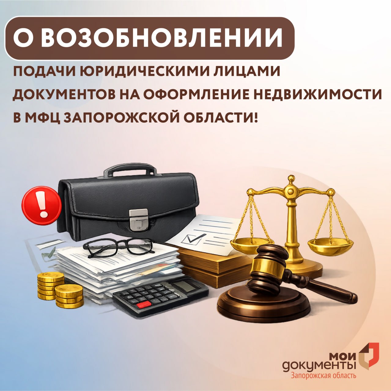 О возобновлении подачи юридическими лицами документов на оформление недвижимости в МФЦ Запорожской области!