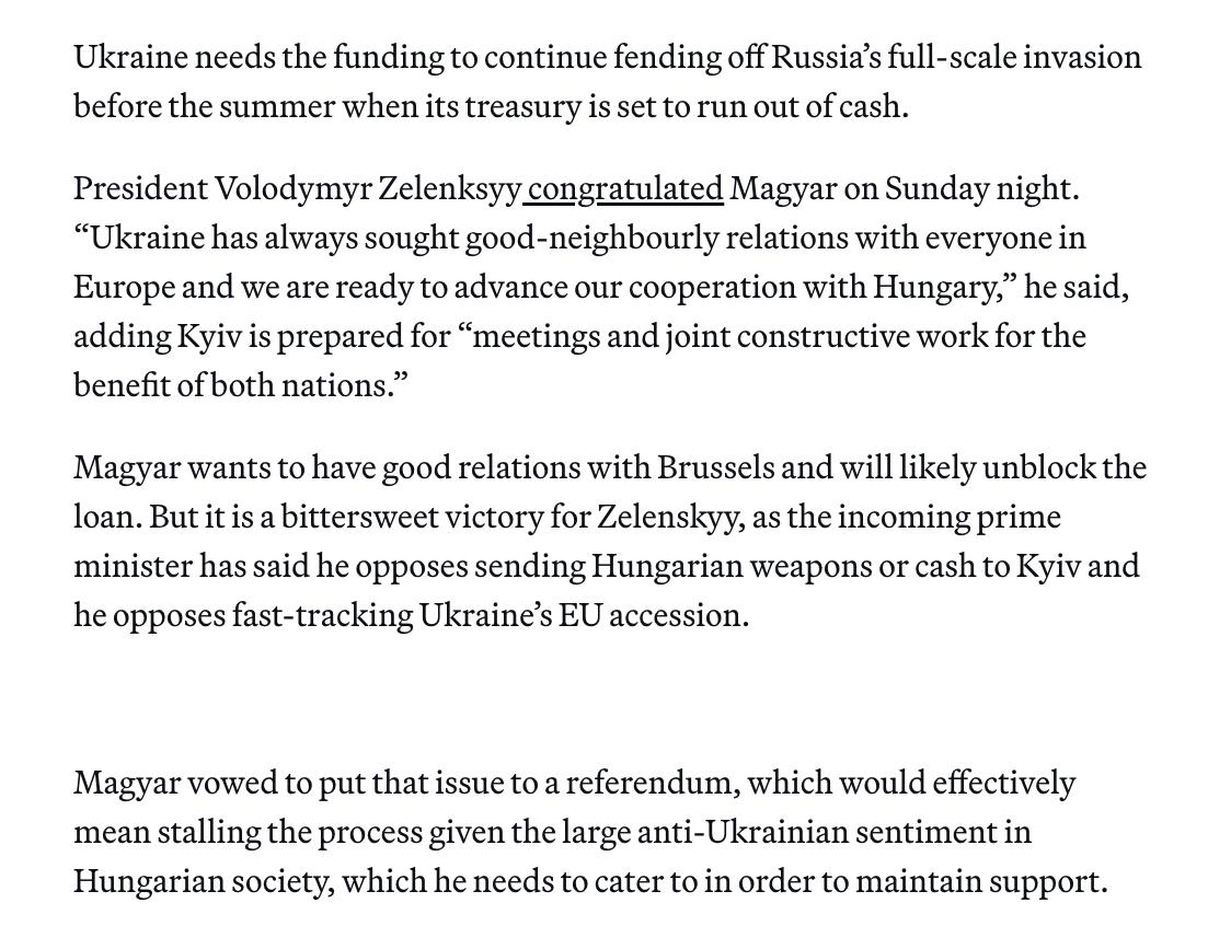 Победивший на выборах в Венгрии Мадьяр выступает против поставок оружия Украине и ускоренного вступления Киева в ЕС, — Politico