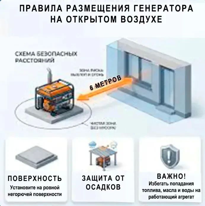 Безопасная эксплуатация генератора требует строгого соблюдения правил, чтобы избежать отравления угарным газом, пожара или удара током
