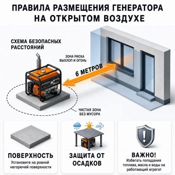 Безопасная эксплуатация генератора требует строгого соблюдения правил, чтобы избежать отравления угарным газом, пожара или удара током