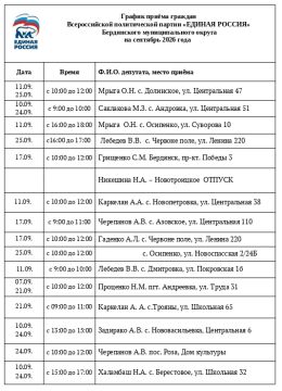 График приёма граждан Бердянского муниципального округа депутатами Всероссийской политической партии "ЕДИНАЯ РОССИЯ"