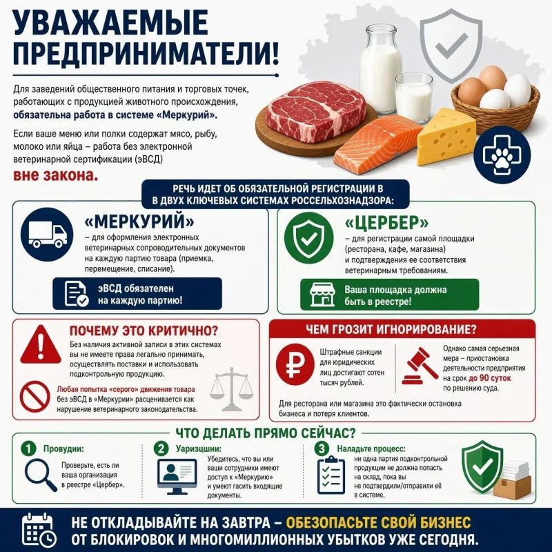 Уважаемые предприниматели! Для заведений общественного питания и торговых точек, работающих с продукцией животного происхождения, обязательна работа в системе «Меркурий»