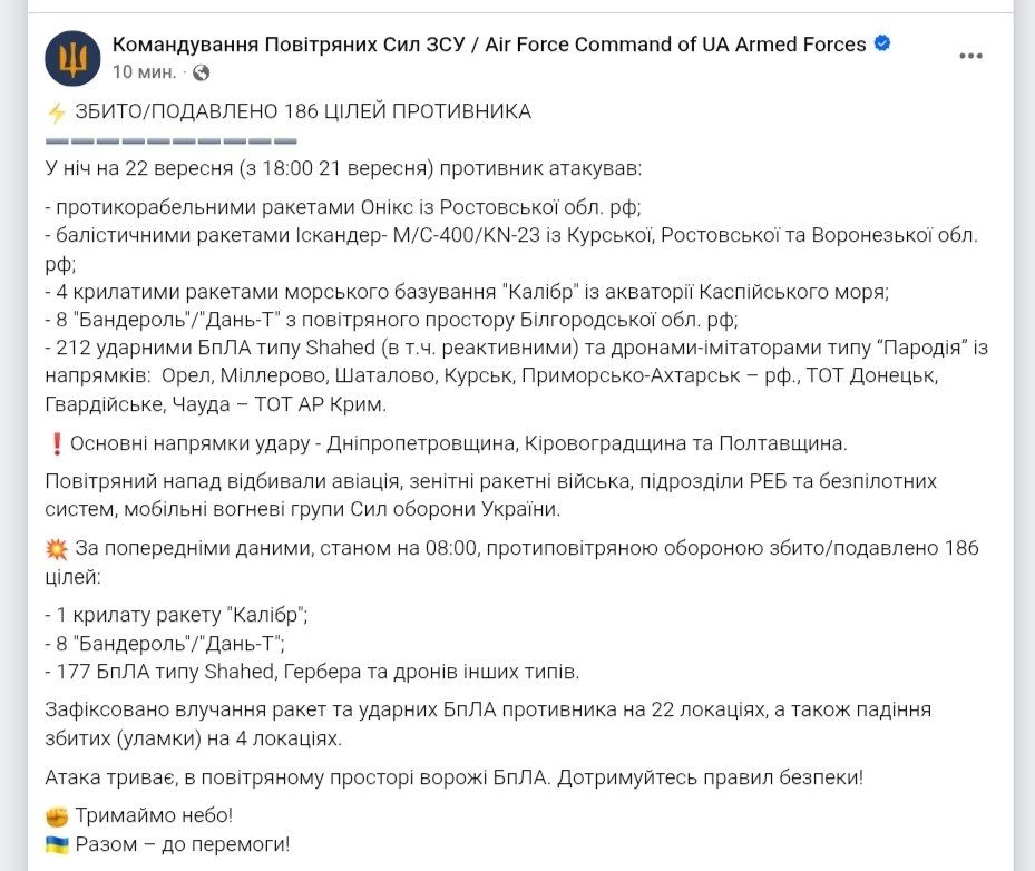 По утренней сводке Воздушных сил ВСУ Украина не смогла сбить ни одной из примененных ВС РФ баллистических ракет, а также ни одной ракеты "Оникс"