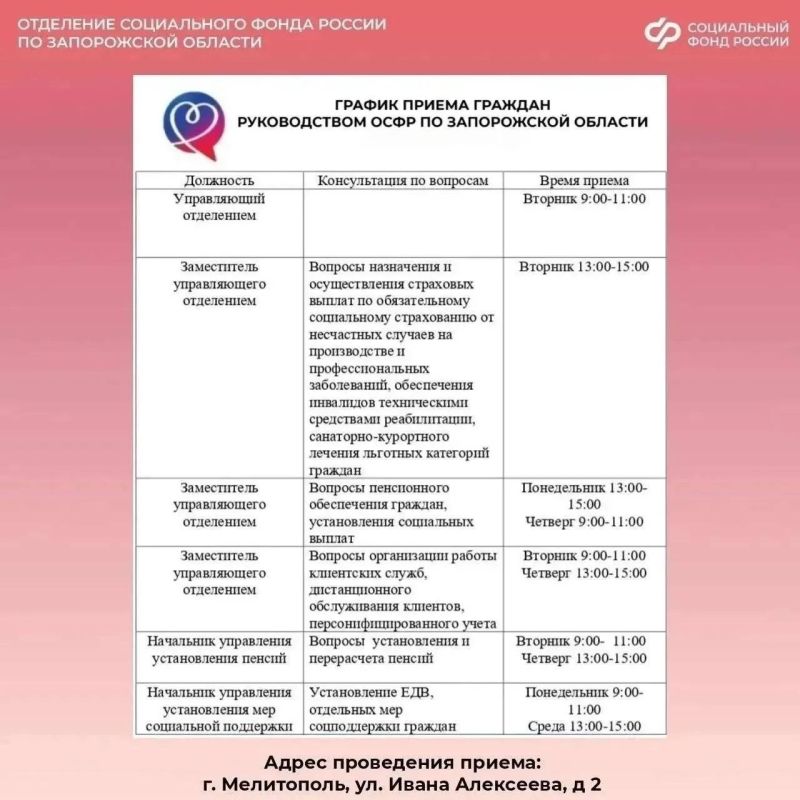 График приема руководства регионального отделения СФР граждан из Запорожской области